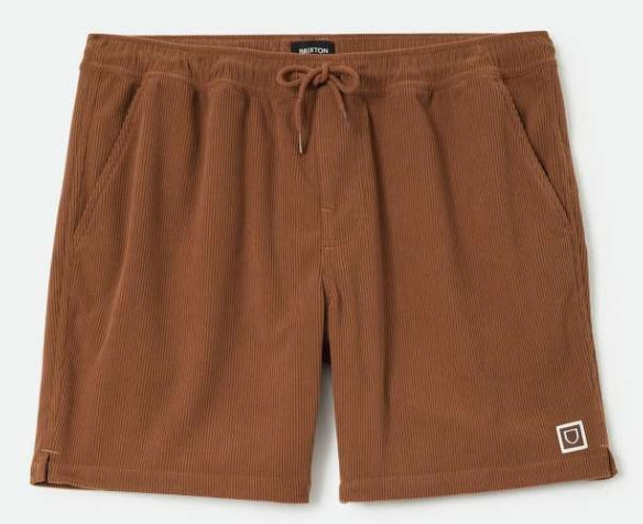 Brown corduroy shorts with a brand label on a light gray background