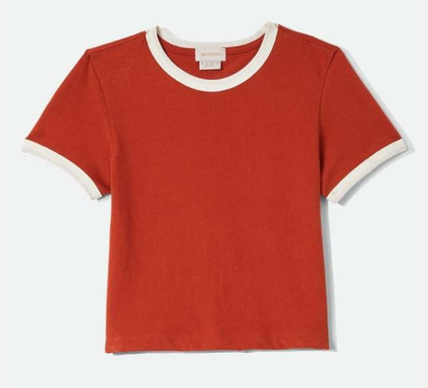 Red t-shirt with white trim on a light gray background