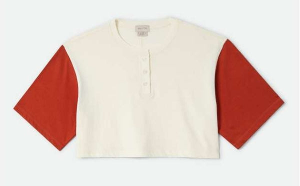 Beige and red color-blocked shirt on a white background