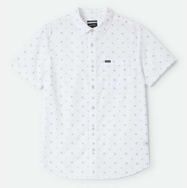 White short-sleeve shirt with subtle pattern on a white background