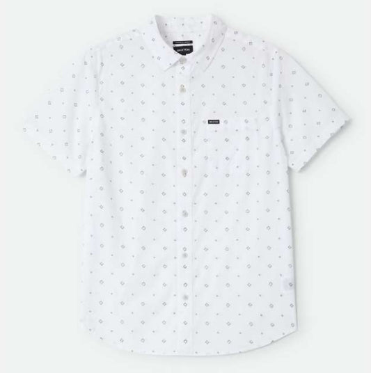 White short-sleeve shirt with subtle pattern on a white background