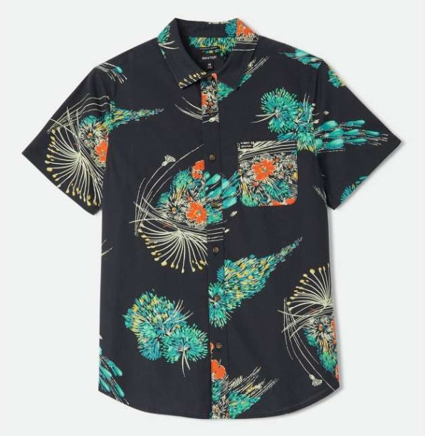 Short-sleeve shirt with a colorful floral pattern on a white background