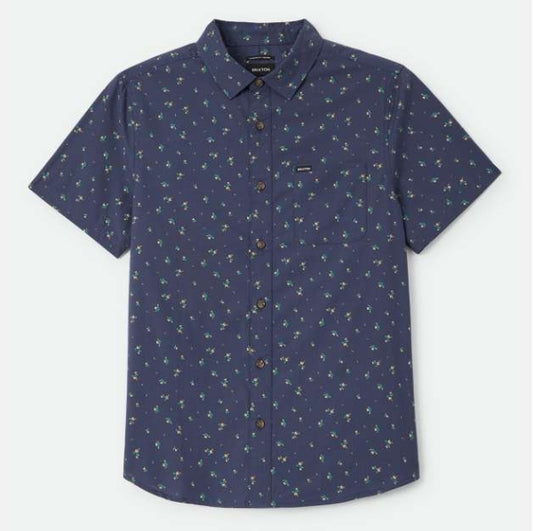 Navy blue short-sleeve shirt with small pattern on a white background