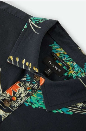 Navy shirt with colorful floral pattern and Brixton label