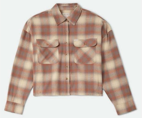 Plaid shirt with a pattern of brown, beige, and blue on a white background