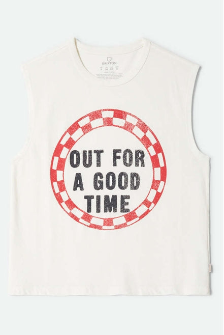 White sleeveless shirt with 'Out for a Good Time' text and red border on a white background