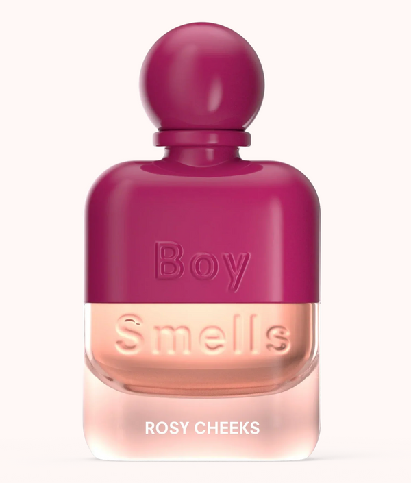 Perfume bottle labeled 'Boy Smells Rosy Cheeks' on a white background
