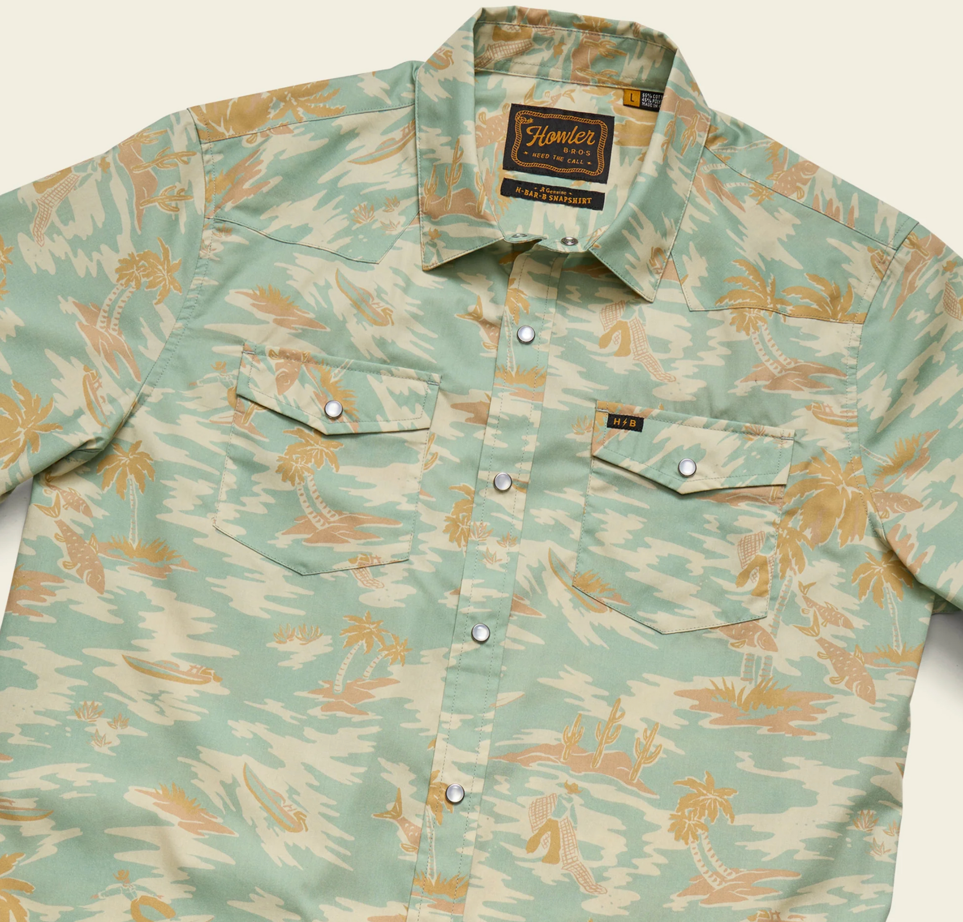 Floral patterned shirt with a brand label on a light background