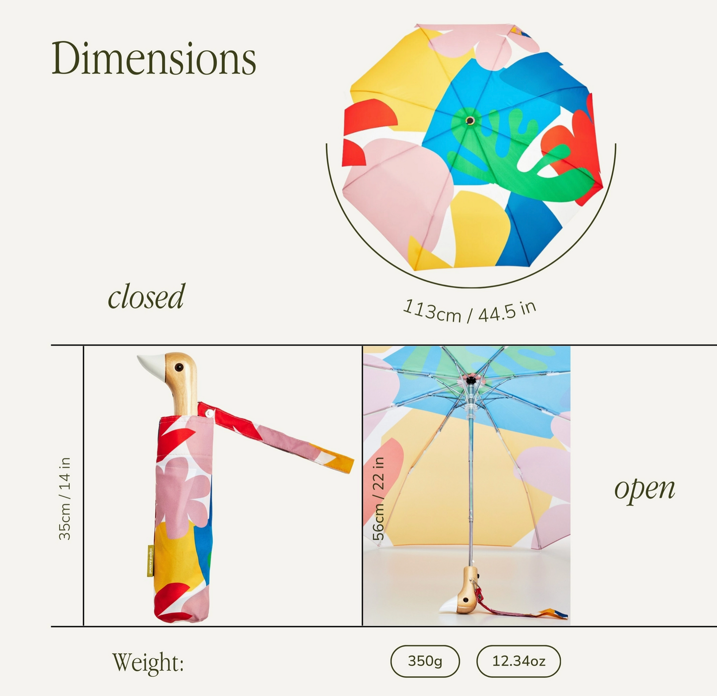 Colorful umbrella with dimensions displayed on a white background