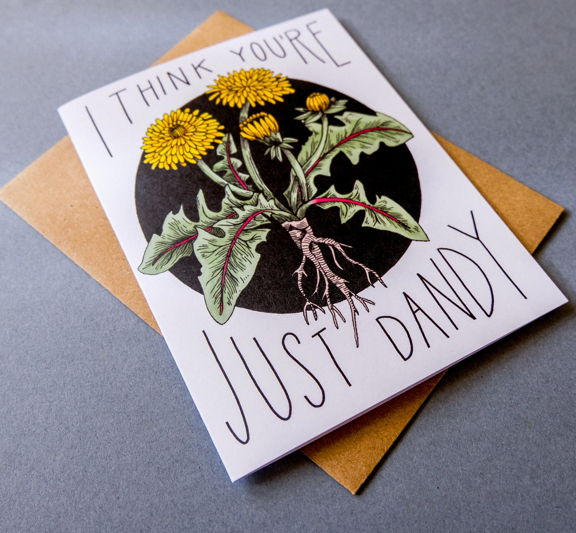 Greeting card with dandelion illustration and text on a gray background