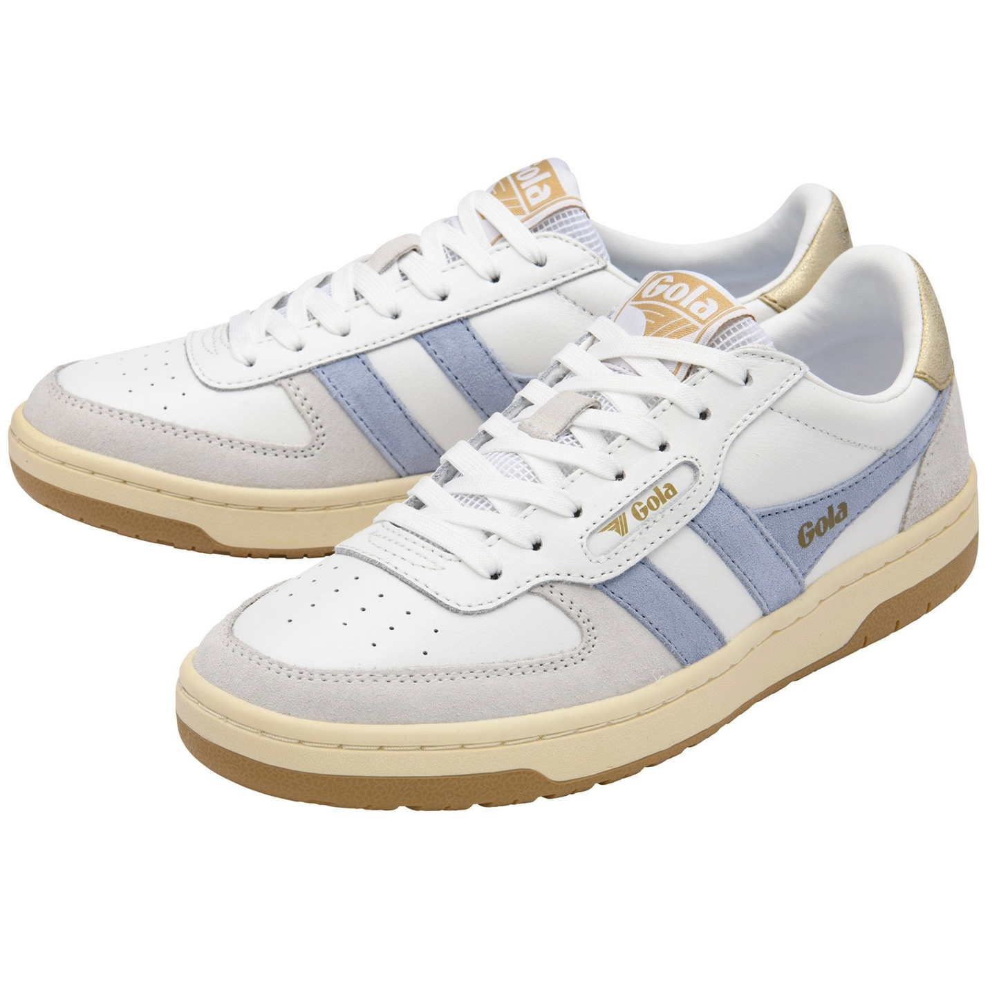 White sneakers with blue stripes and brown soles on a white background