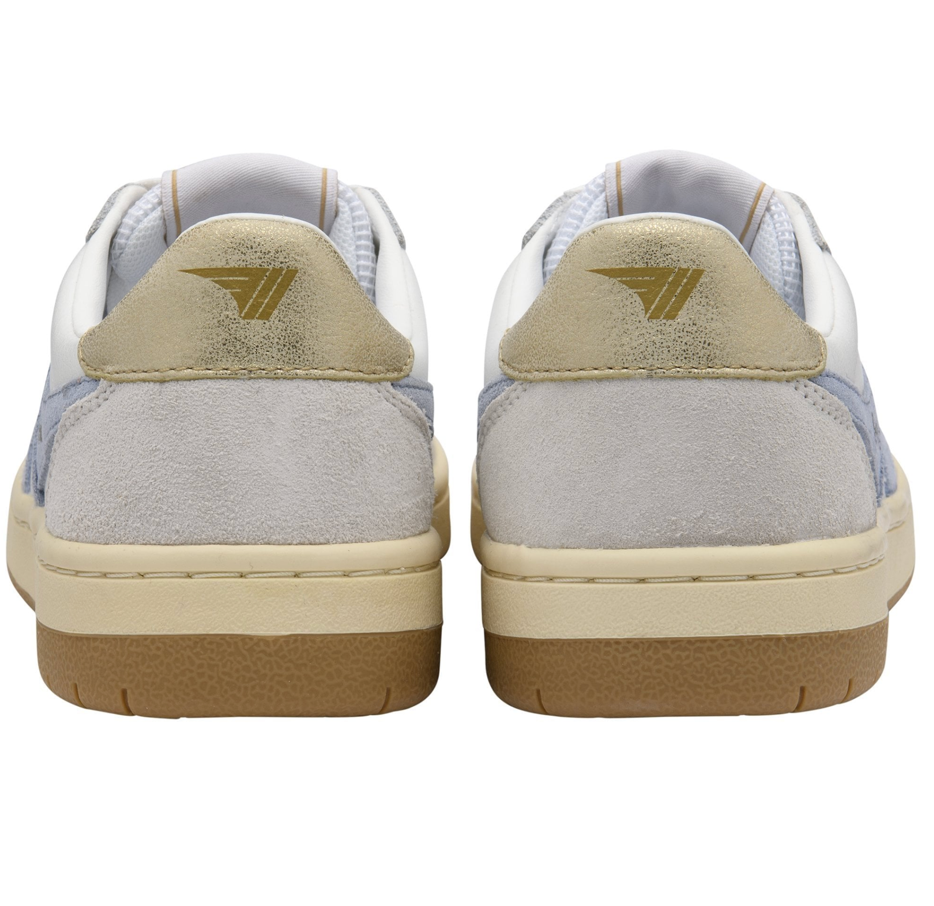 Pair of sneakers with a logo on the back on a white background