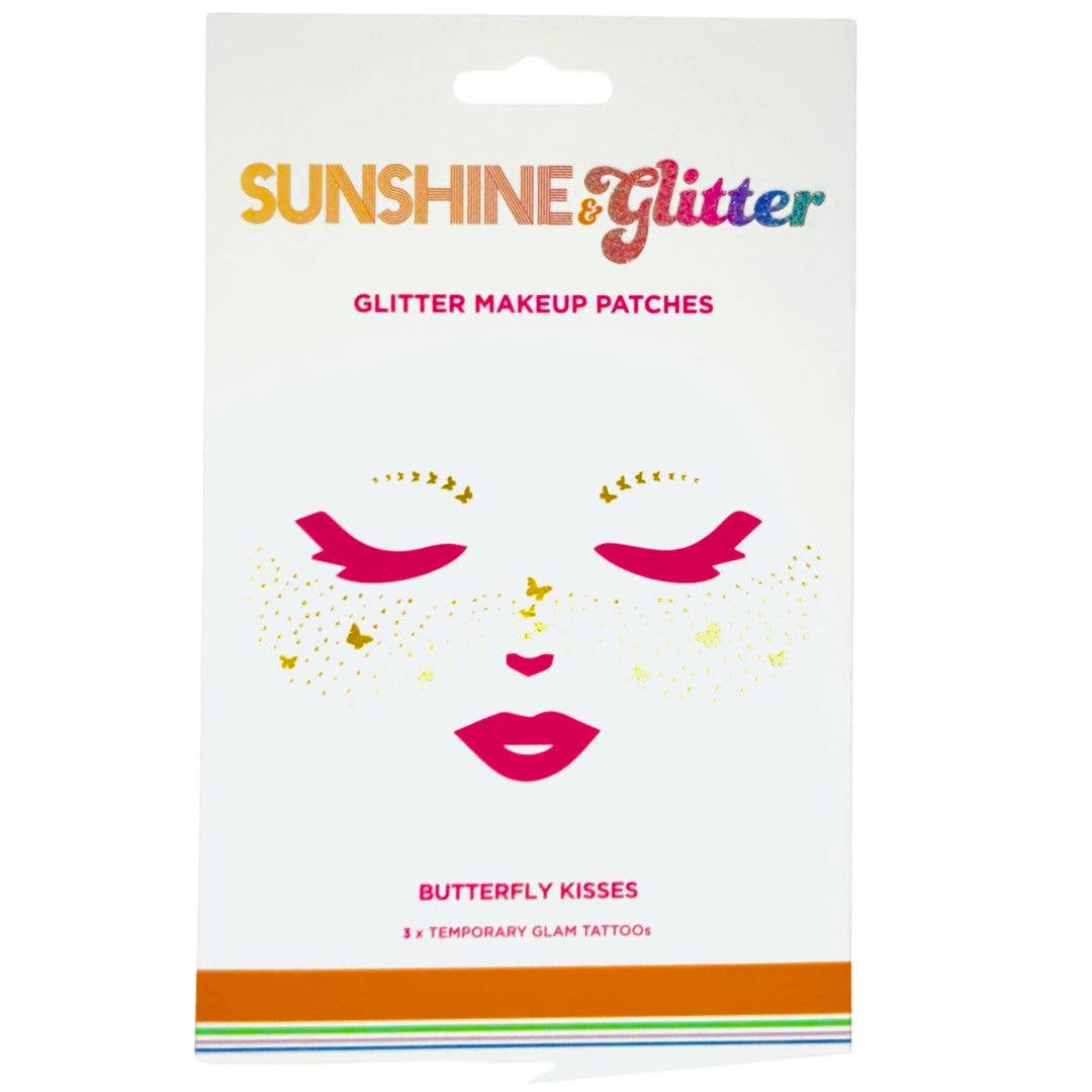 Packaging of Sunshine & Glitter glitter makeup patches with a face design and butterfly kisses text.