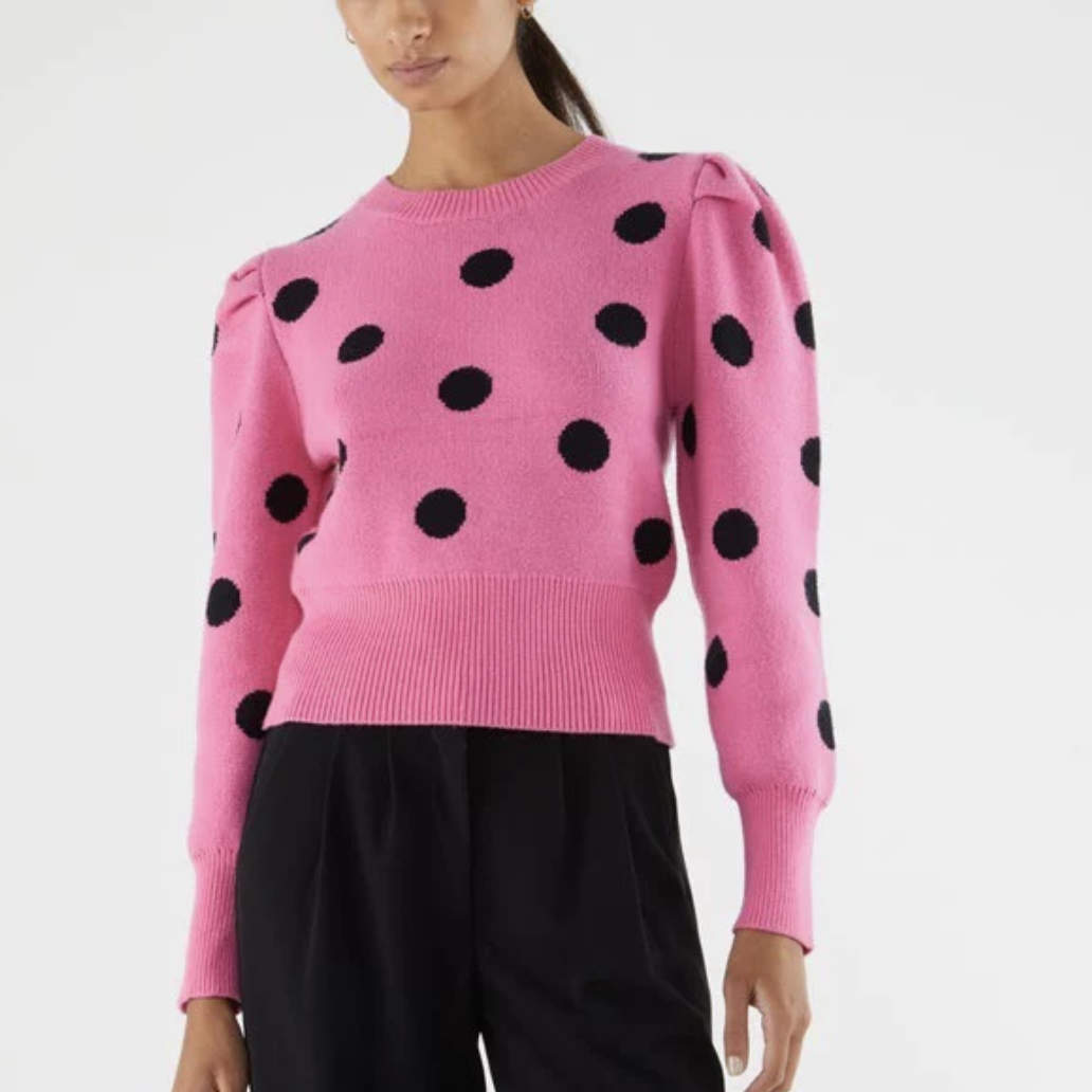 Knit sweater with Puffed Sleeves - Pink Polka Dot