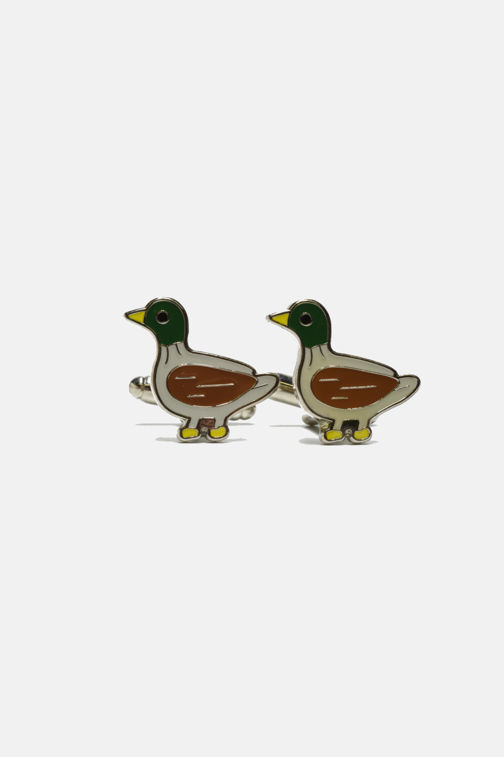 Duck-shaped cufflinks on a white background