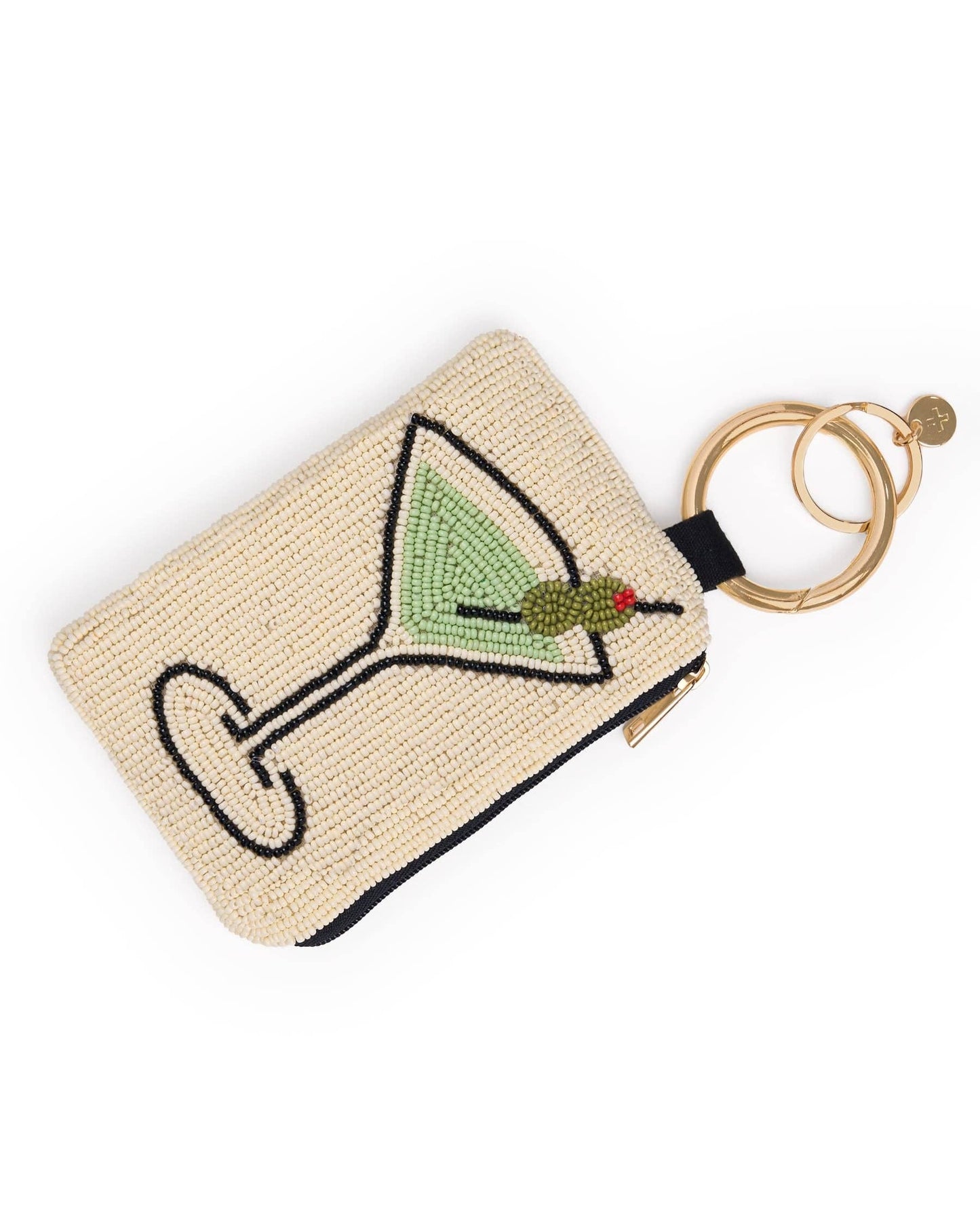 A woven beige zippered pouch featuring a beaded martini glass design with a green olivette, attached to a gold-tone key ring and black strap on a white background.