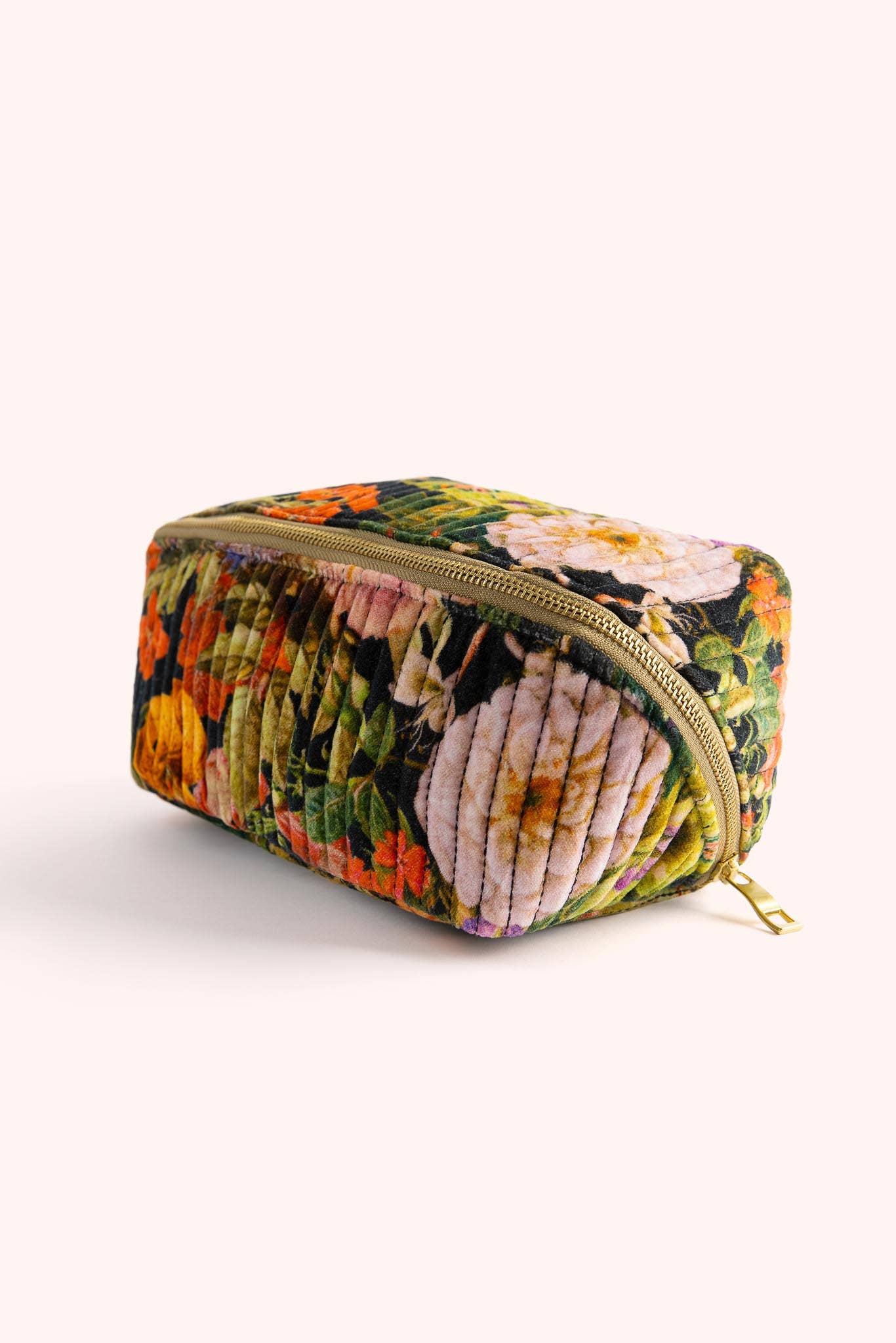 Floral patterned pouch with a zipper on a white background