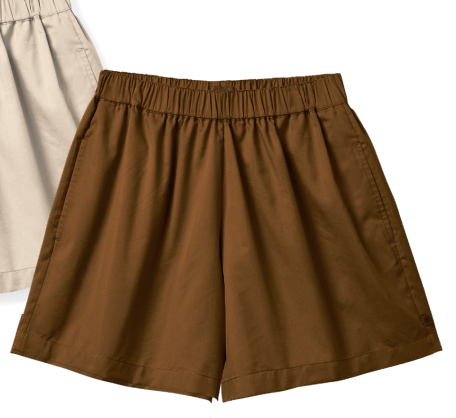 A pair of brown, flat-front, regular-rise women's shorts with an elastic waistband and side pockets.