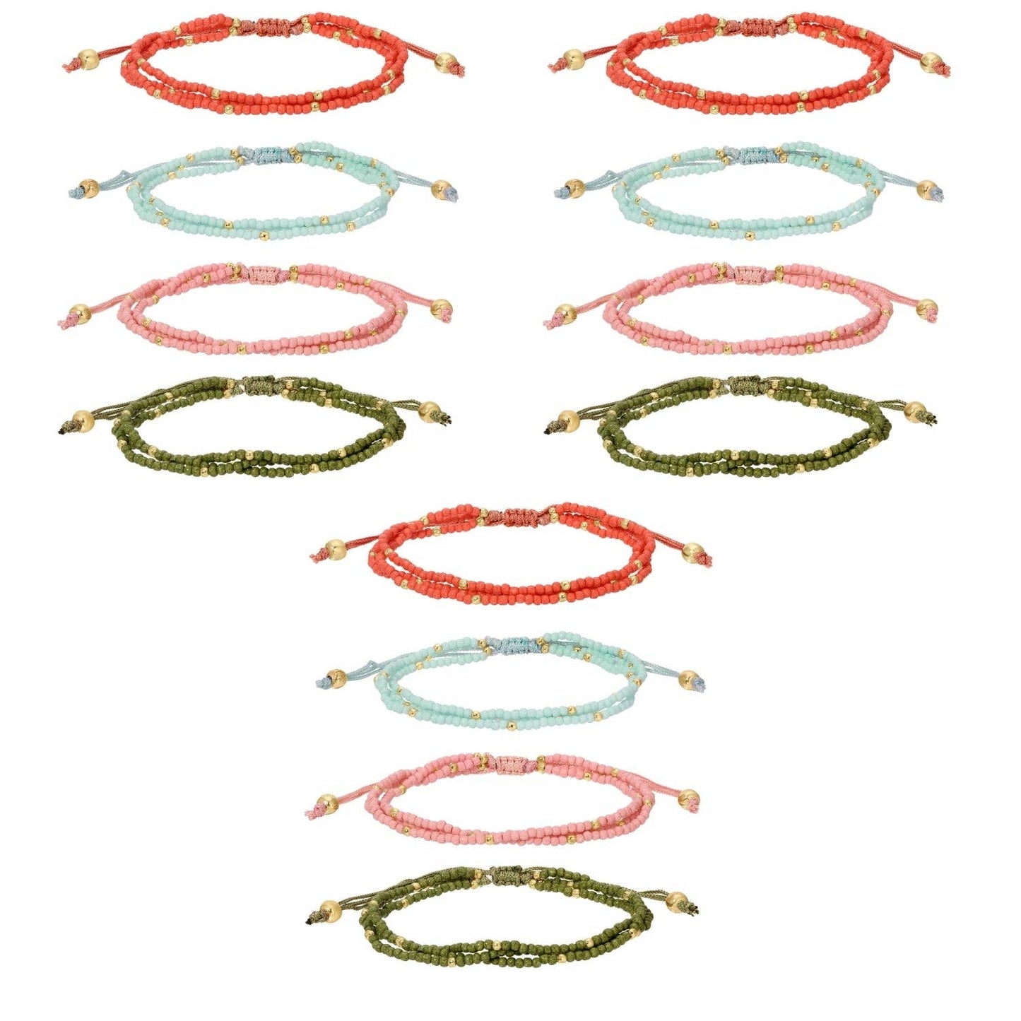 Set of colorful beaded bracelets on a white background