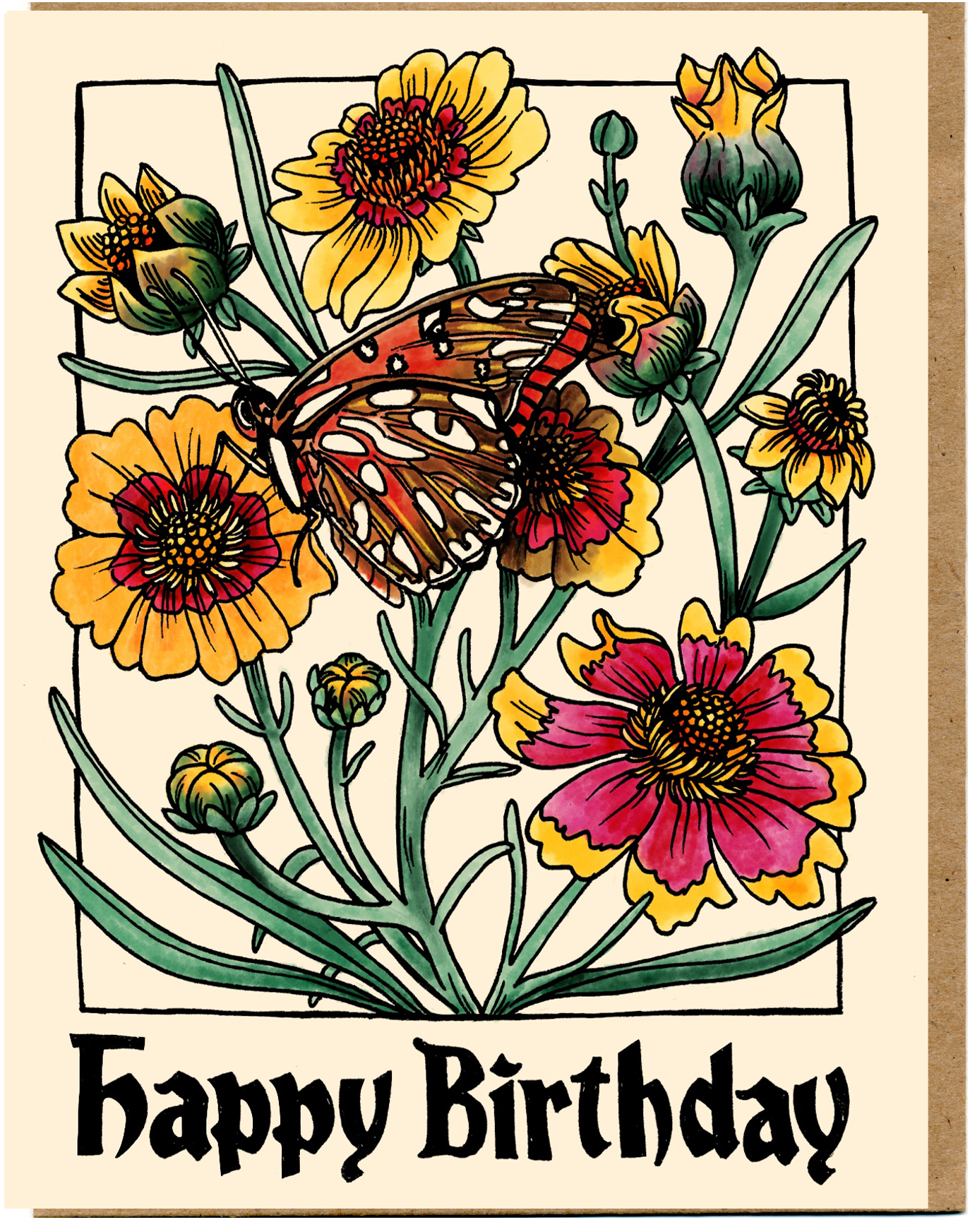 Greeting card with butterflies and flowers and 'Happy Birthday' text