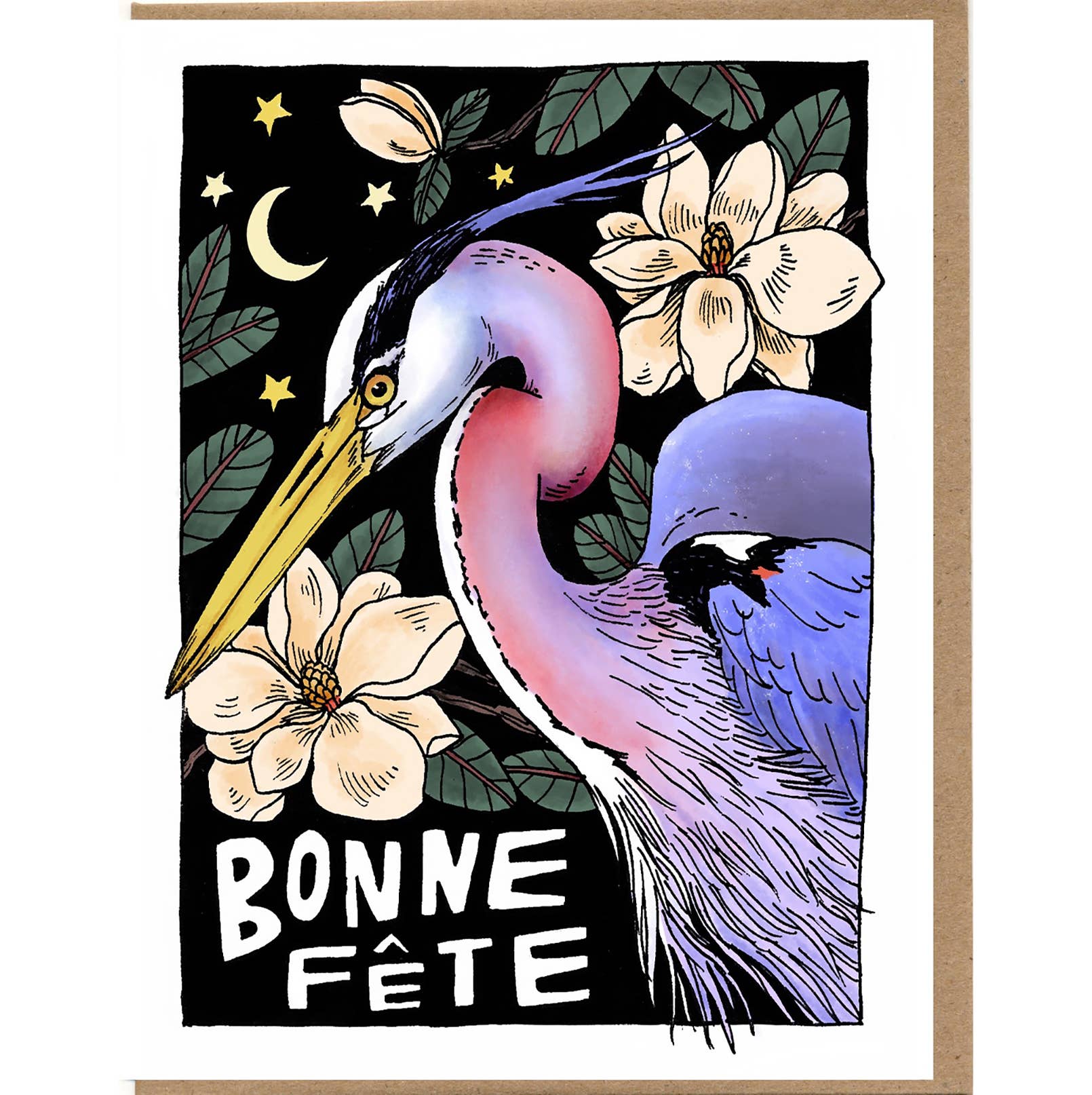 Greeting card with a colorful heron illustration and 'Bonne Fète' text on a black background.