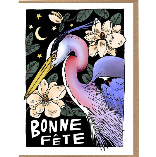 Greeting card with a colorful heron illustration and 'Bonne Fète' text on a black background.