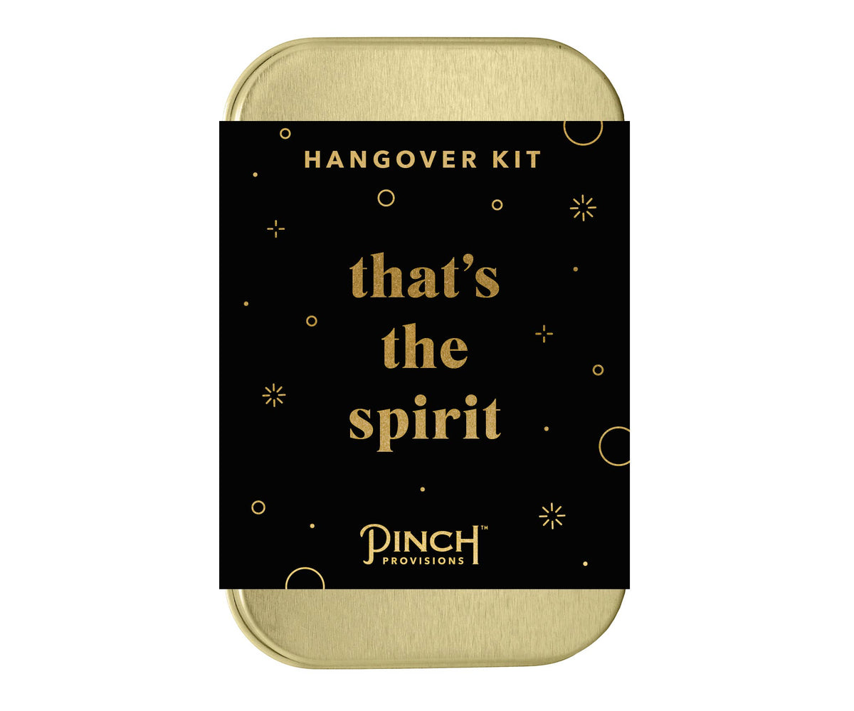 Hangover kit container with 'that's the spirit' text and 'Pinch Provisions' branding on a white background.