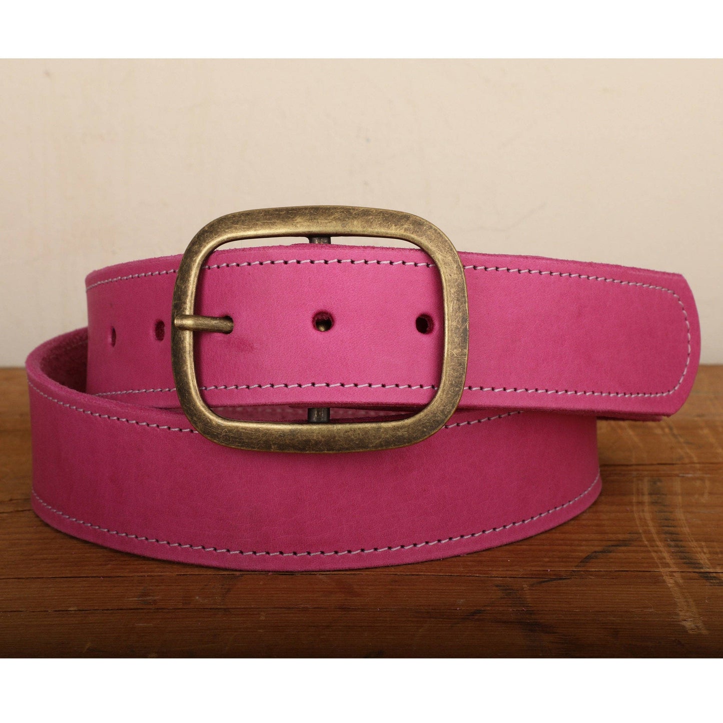 Pink Leather Belt with White Stitch & Antique Gold Tone Brass Buckle