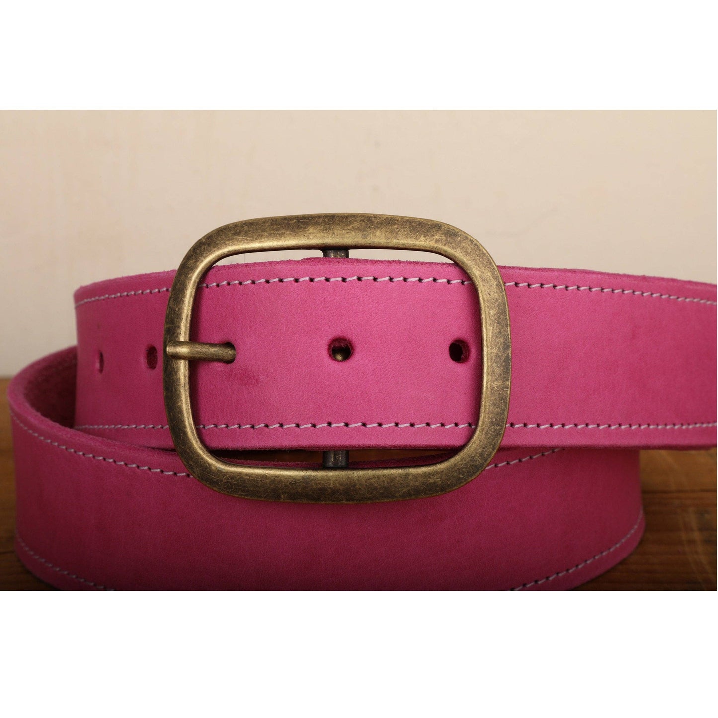Pink Leather Belt with White Stitch & Antique Gold Tone Brass Buckle