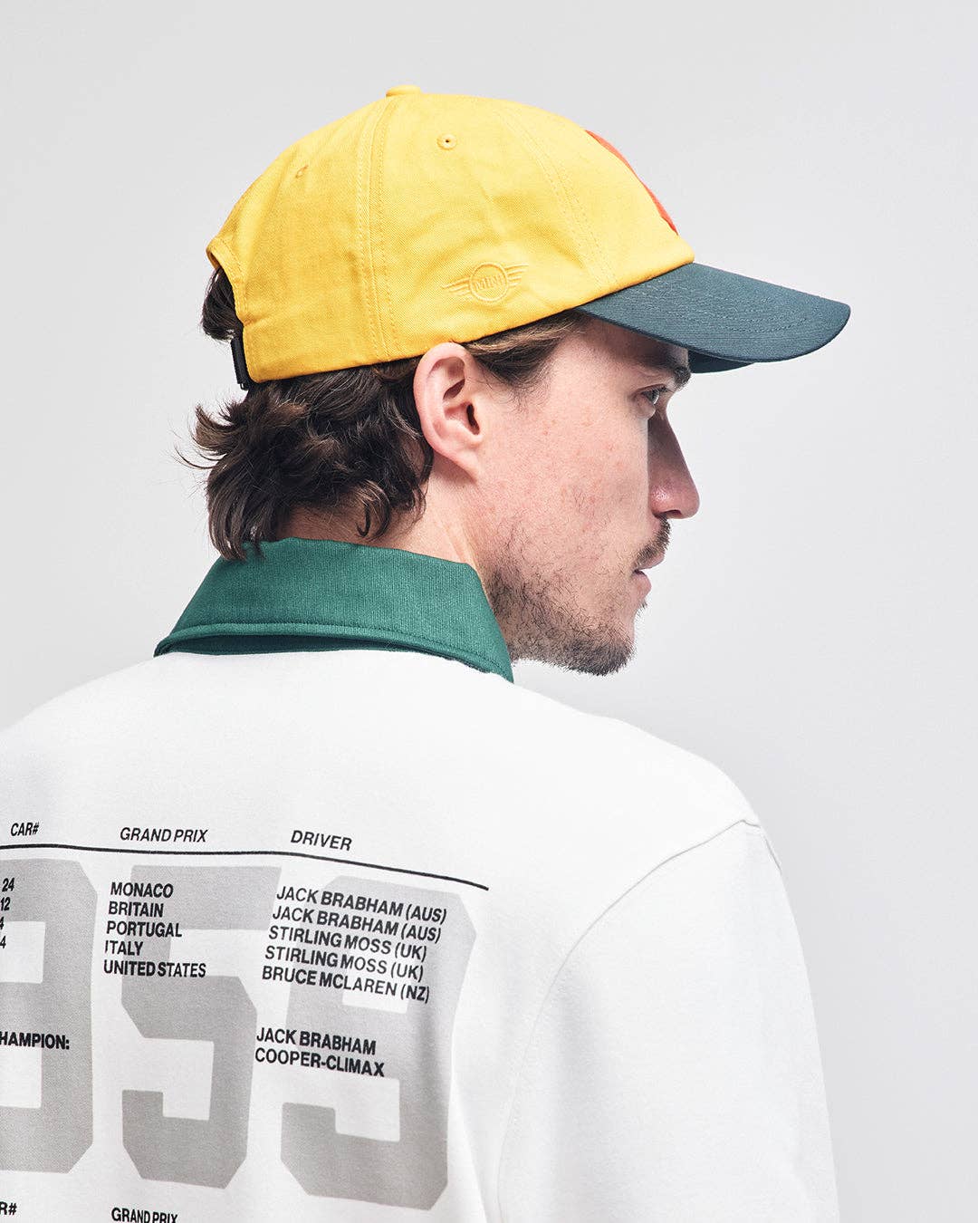 Person wearing a yellow and blue cap with a white jacket featuring text on the back.