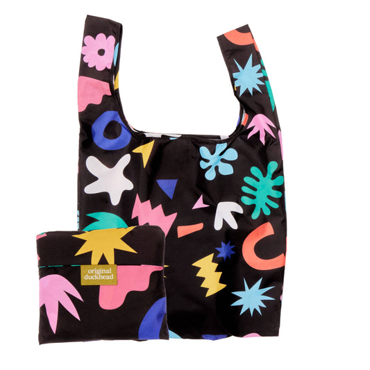 Reusable bag with colorful abstract patterns on a black background