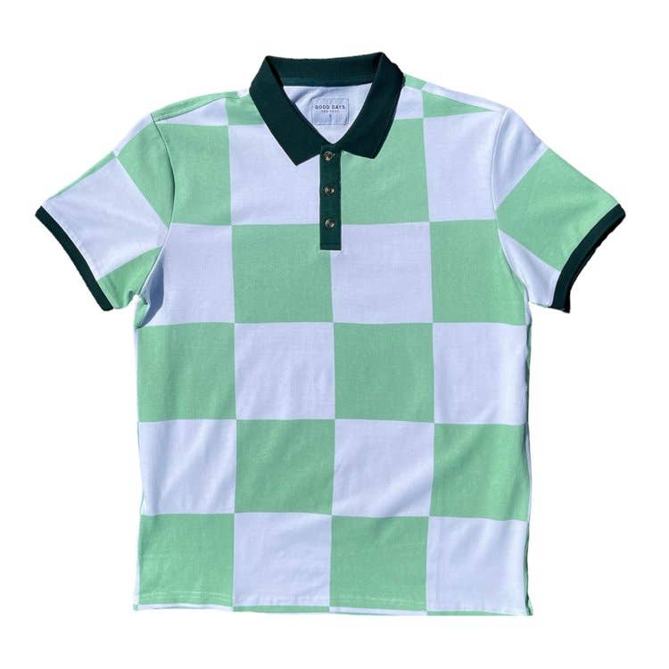 Green and white checkered polo shirt on a white background