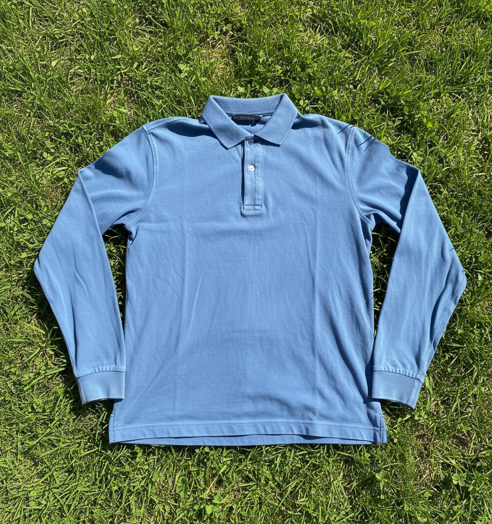 Wilbur Long Sleeve Polo - Slate Blue Small shown against a grass background
