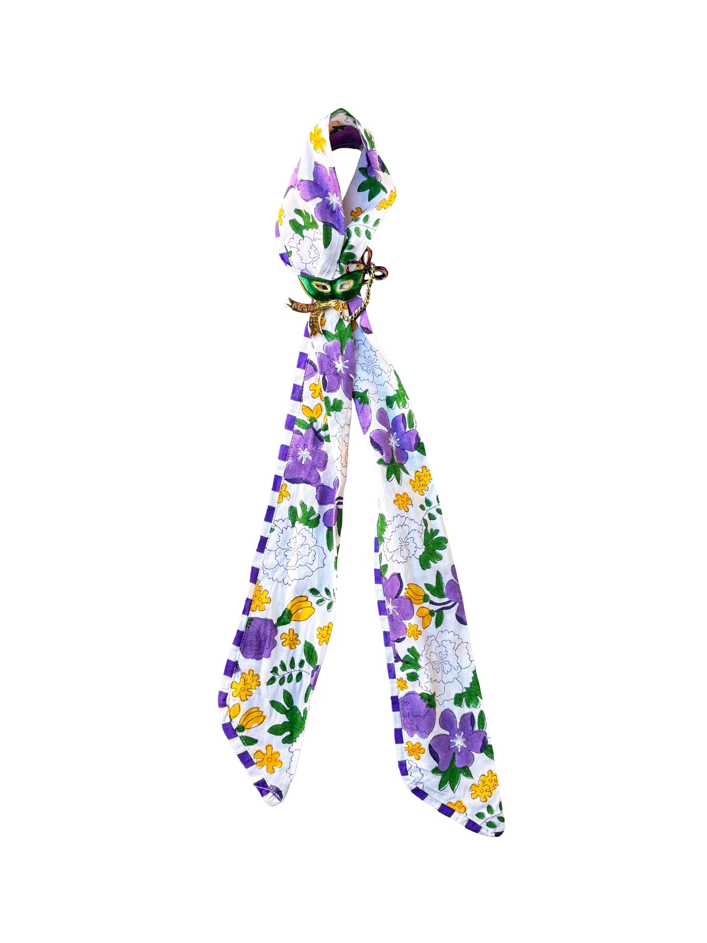 Floral-patterned scarf with purple, white, and yellow flowers on a white background
