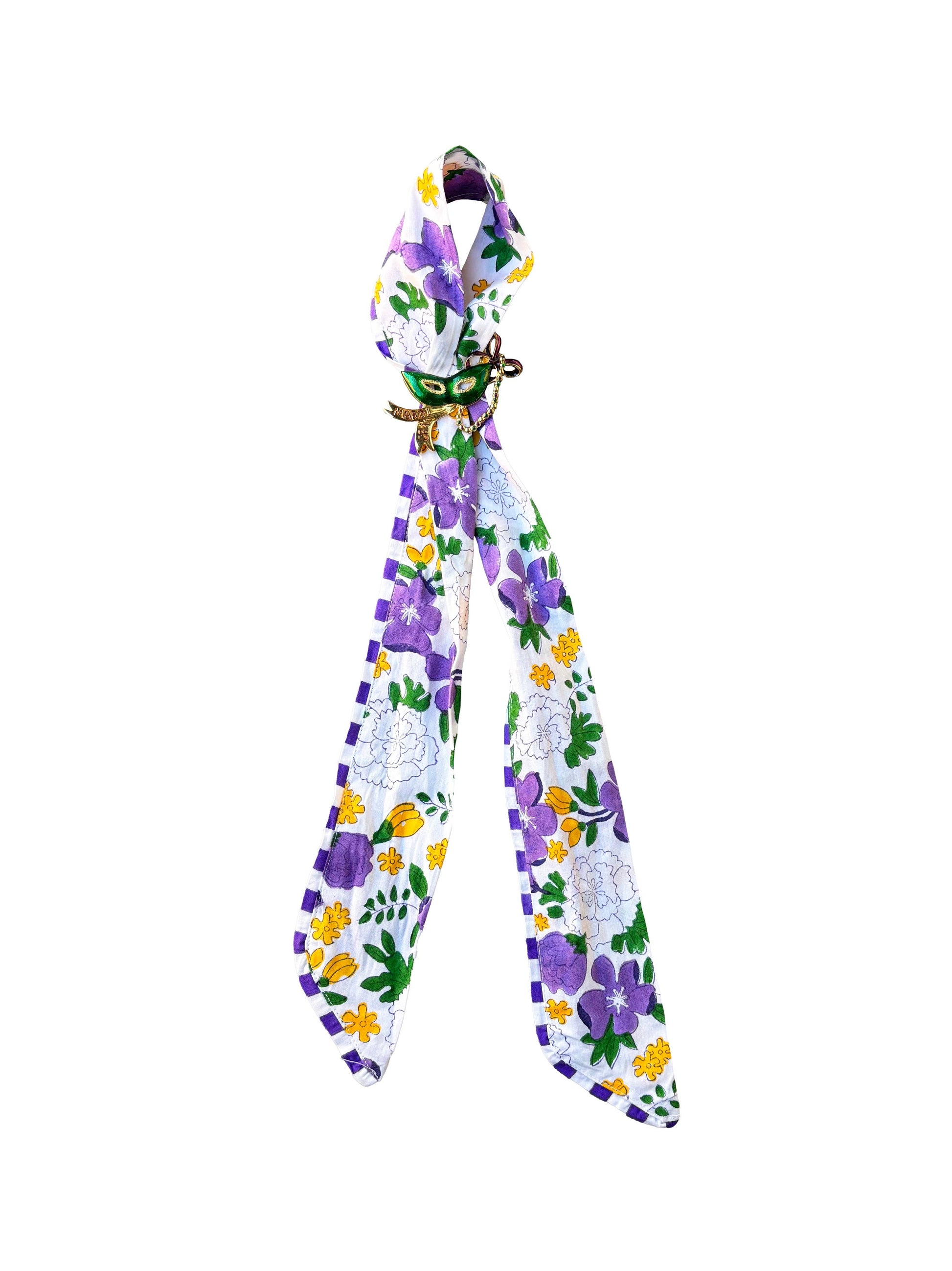 Floral-patterned scarf with purple, white, and yellow flowers on a white background