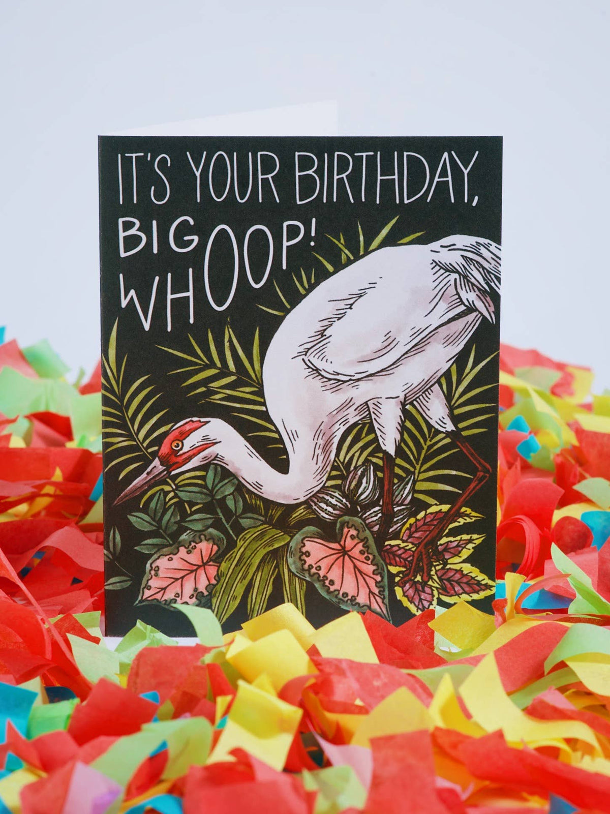 Birthday card with crane illustration and colorful confetti