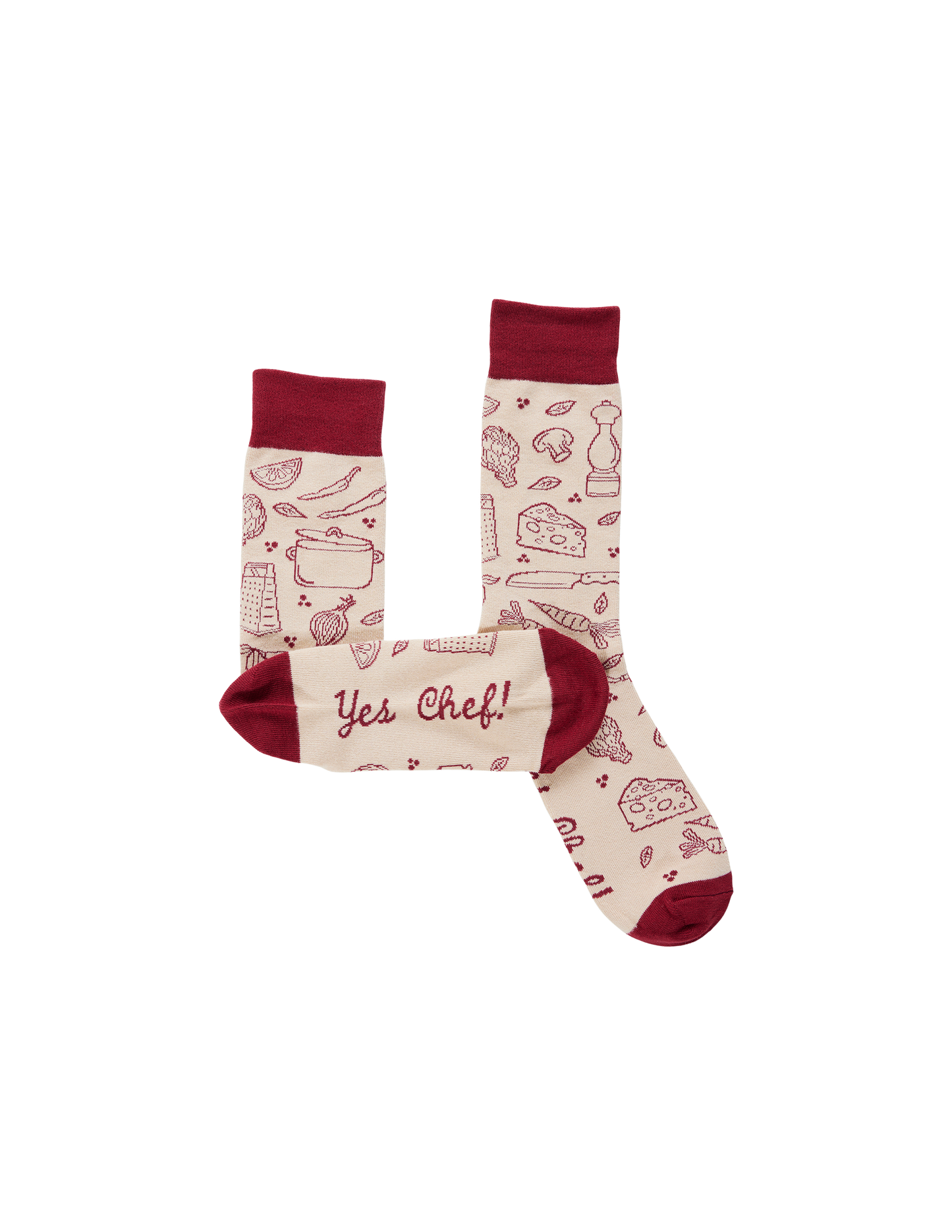 Pair of socks with kitchen-themed design and 'Yes Chef!' text on a white background