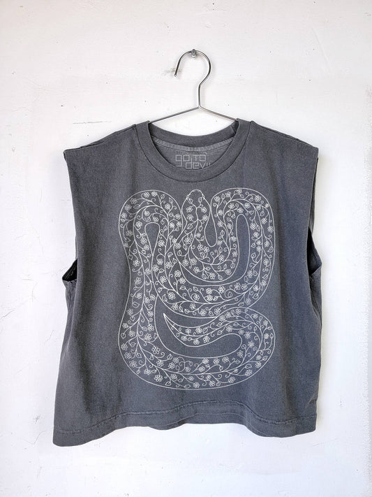 Gray sleeveless shirt with snake design on a white background