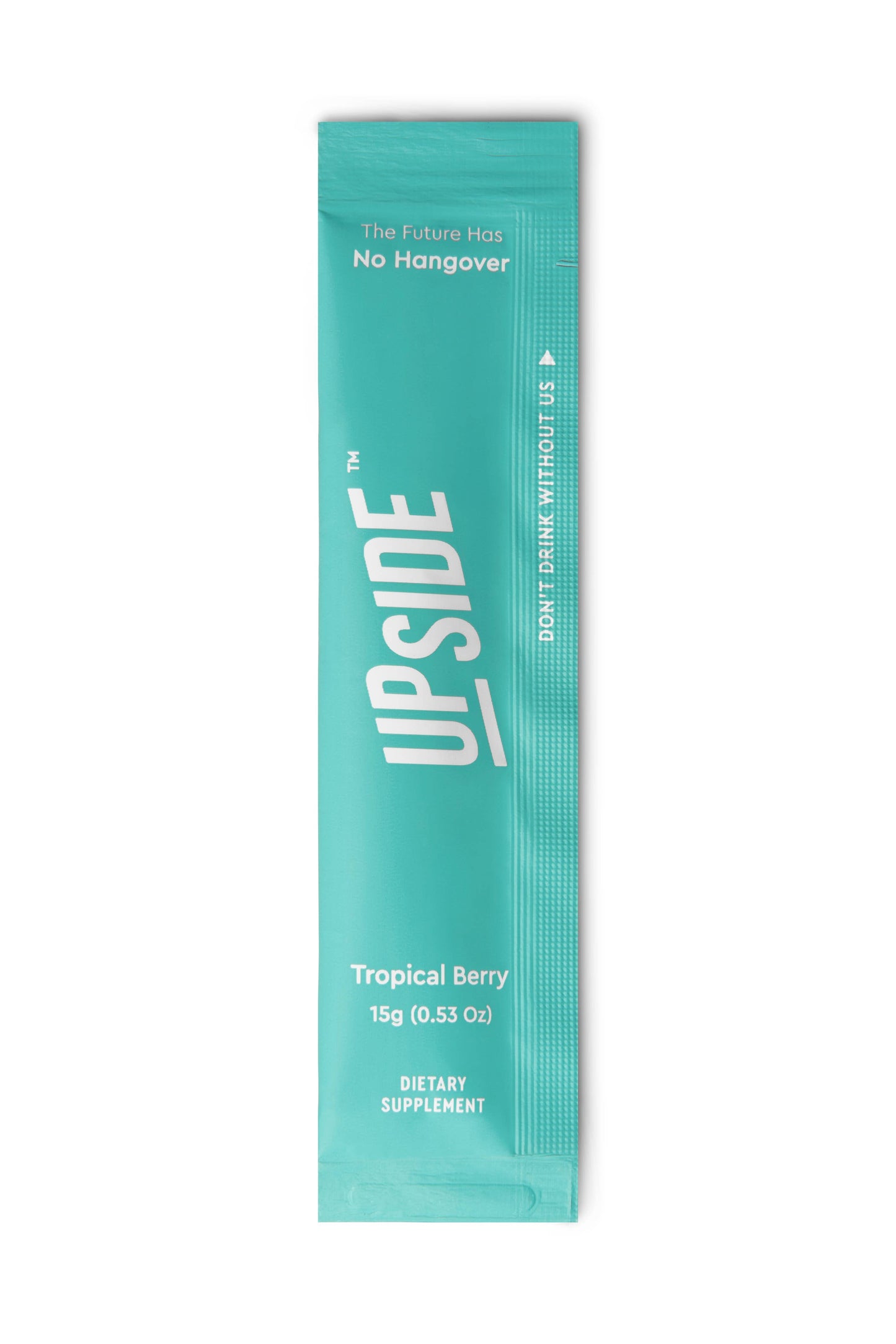 Teal package of 'Upside' no hangover supplement on a white background