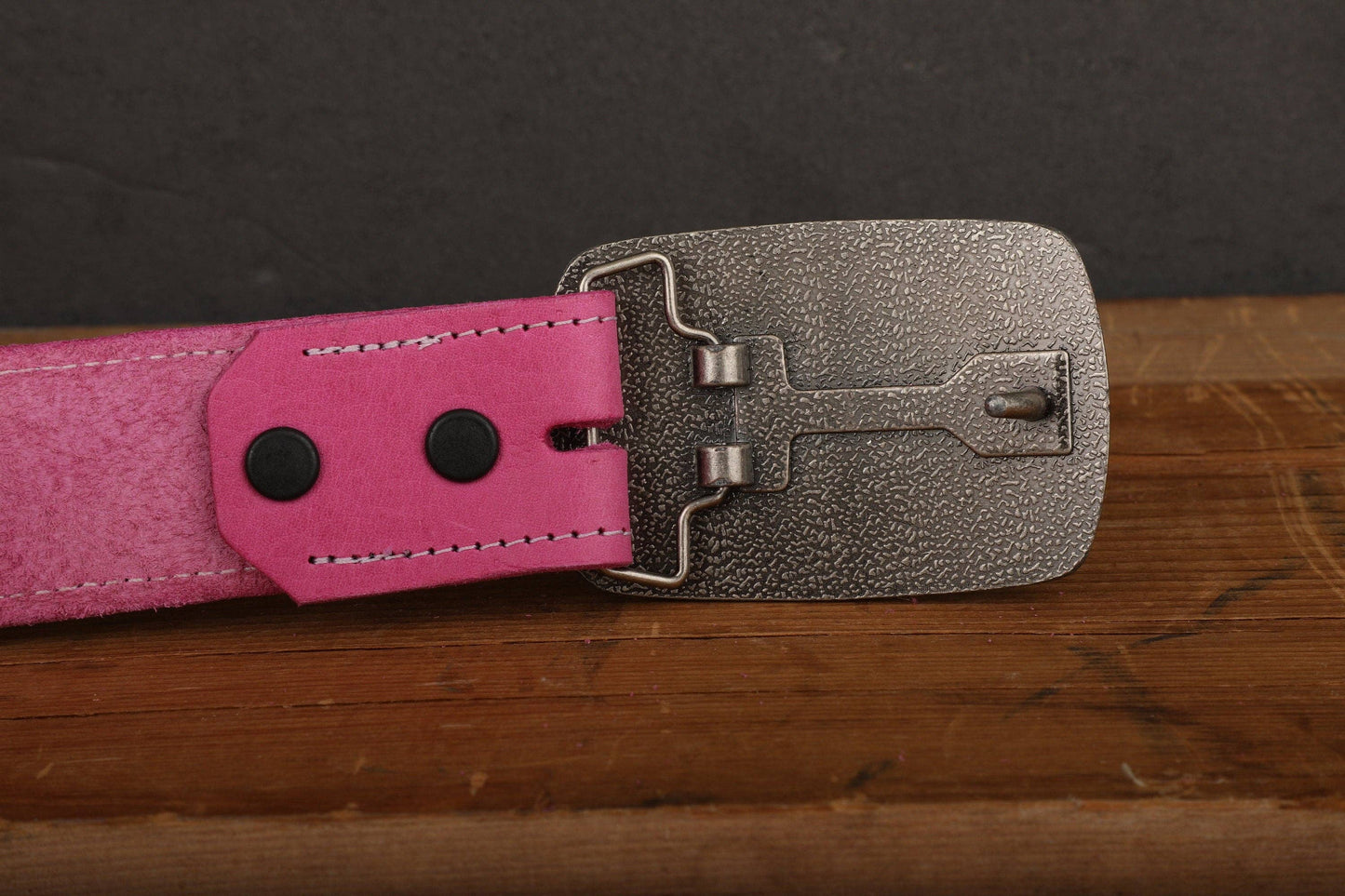 Pink Leather Belt with White Stitch & Antique Gold Tone Brass Buckle