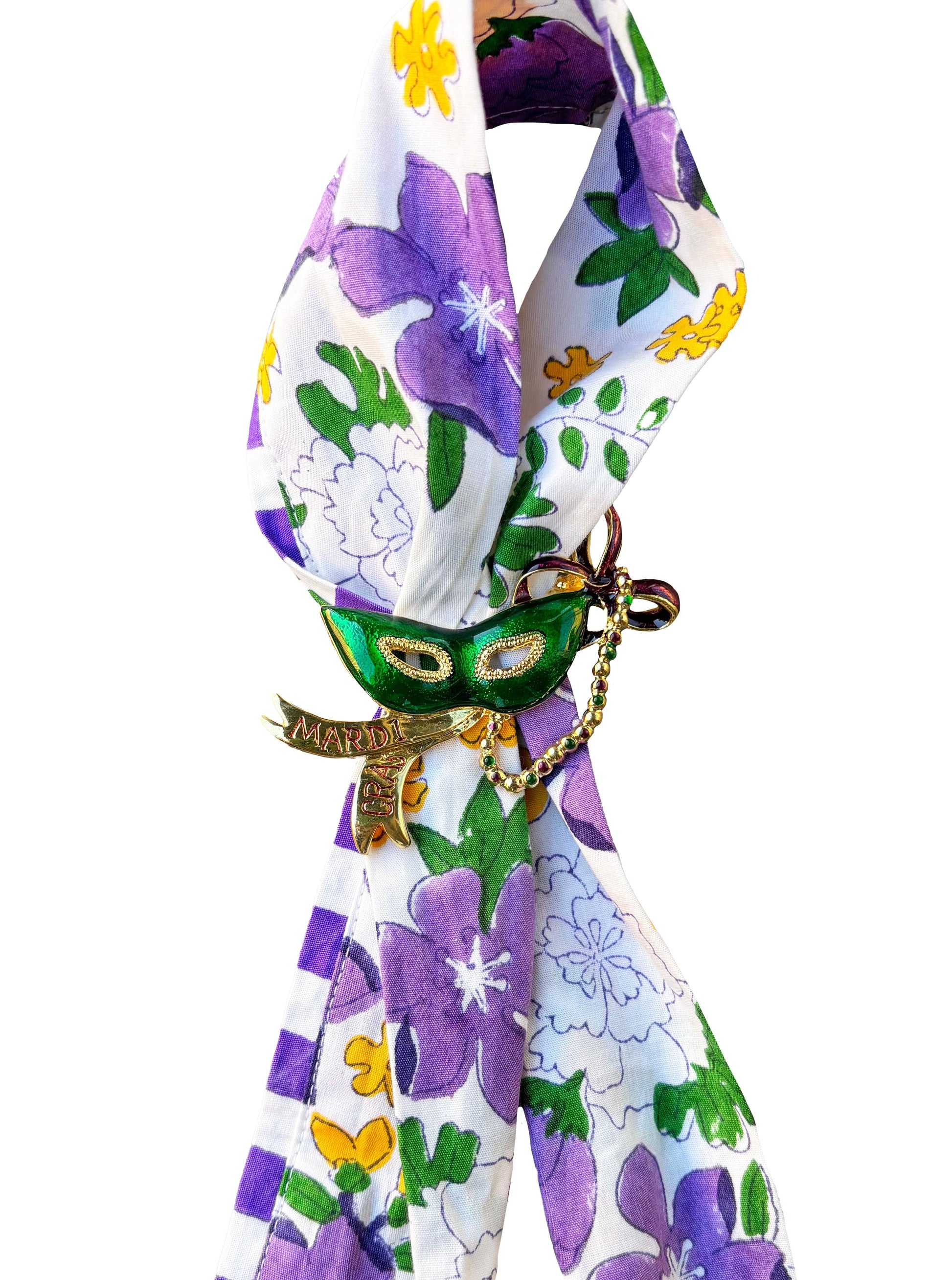 Floral-patterned scarf with a Mardi Gras mask on a white background