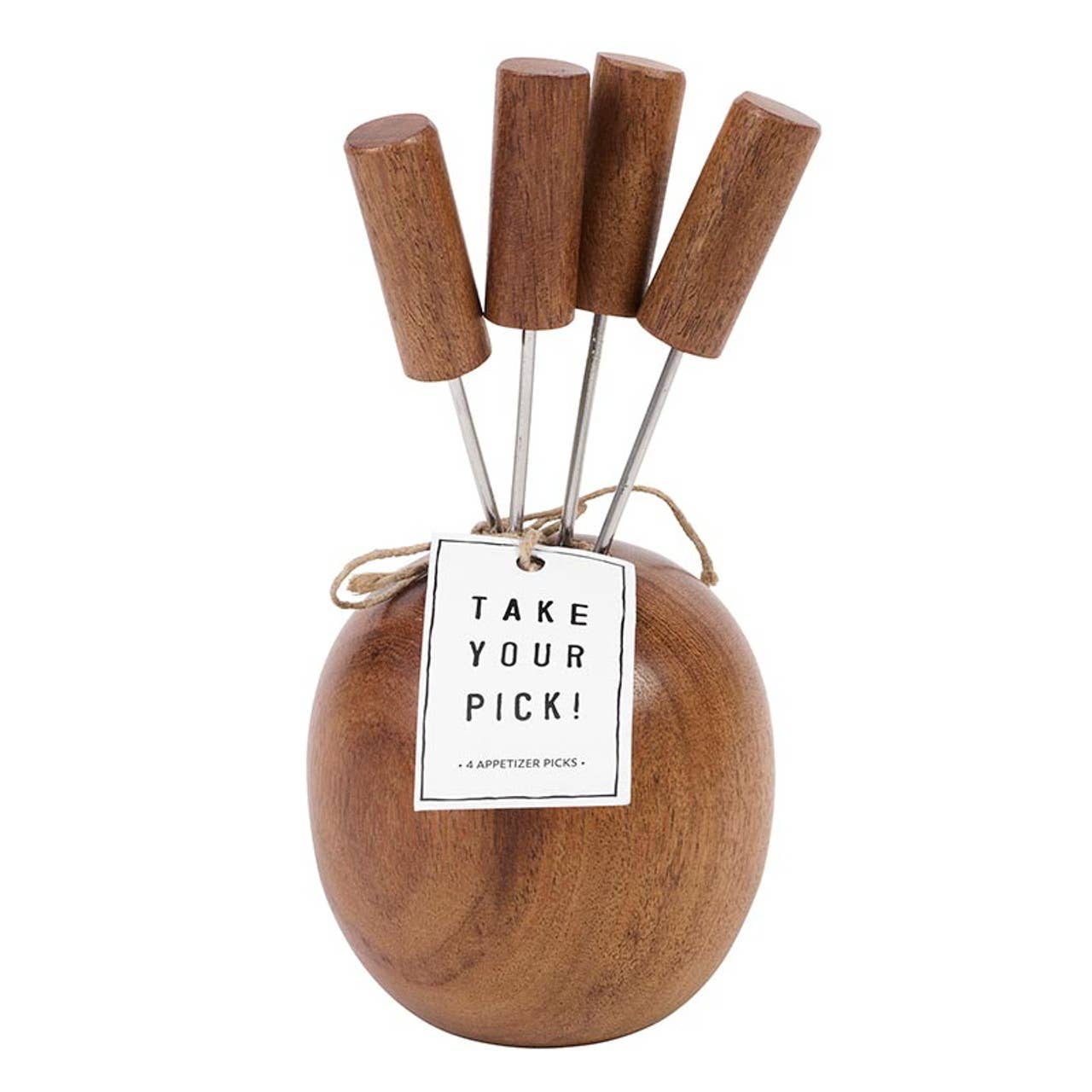 Wooden ball with four skewers and a 'Take Your Pick!' tag on a white background