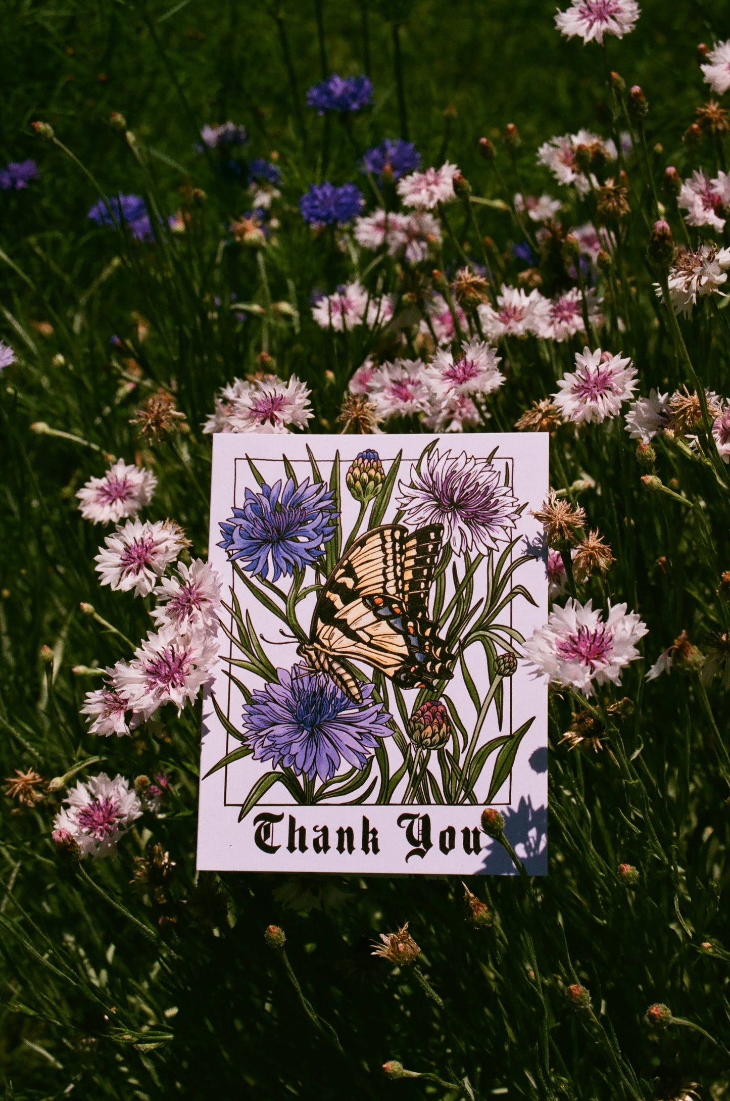 Card with butterfly and flowers design on grass with wildflowers