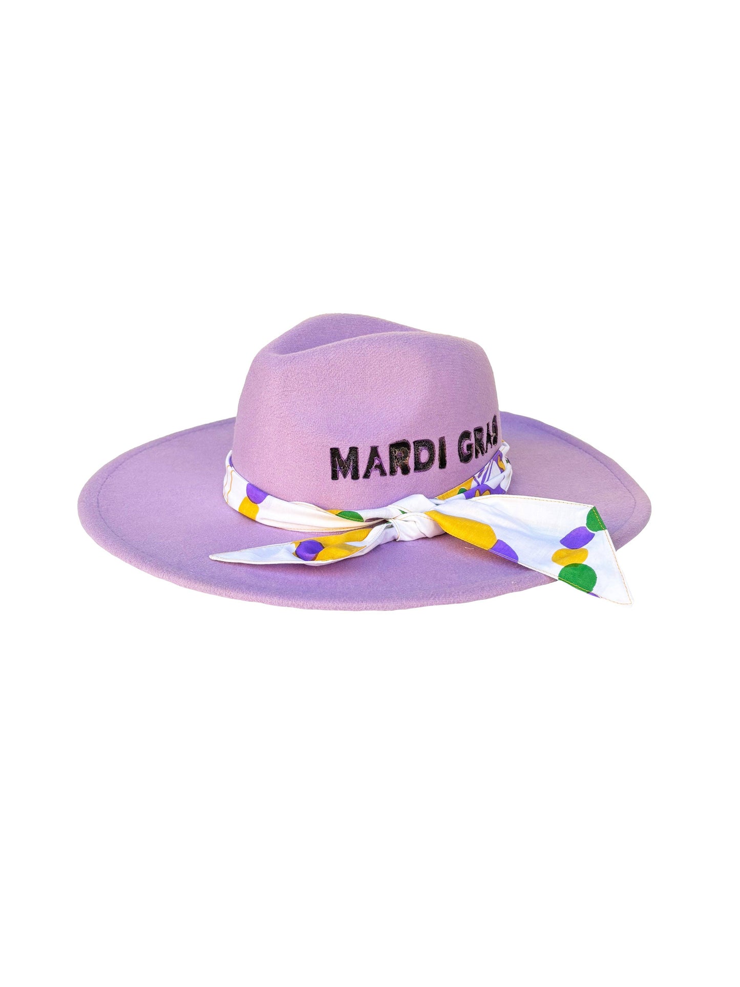 Purple hat with 'Mardi Gras' text and colorful ribbon on a white background
