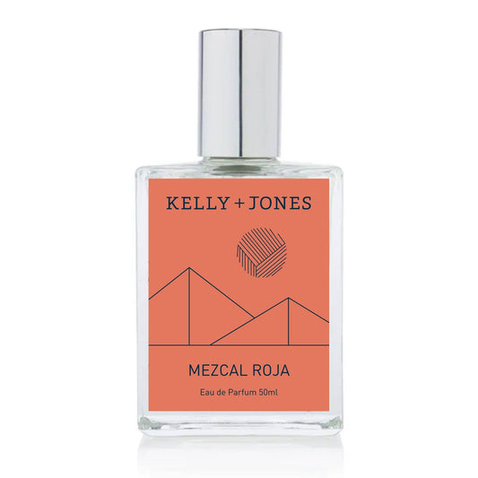 Perfume bottle labeled 'Kelly + Jones Mezcal Roja' on a white background