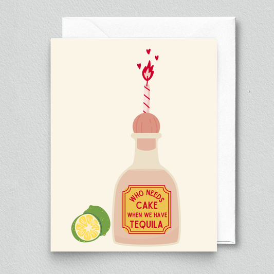 Greeting card with tequila bottle illustration and birthday candle on a light gray background