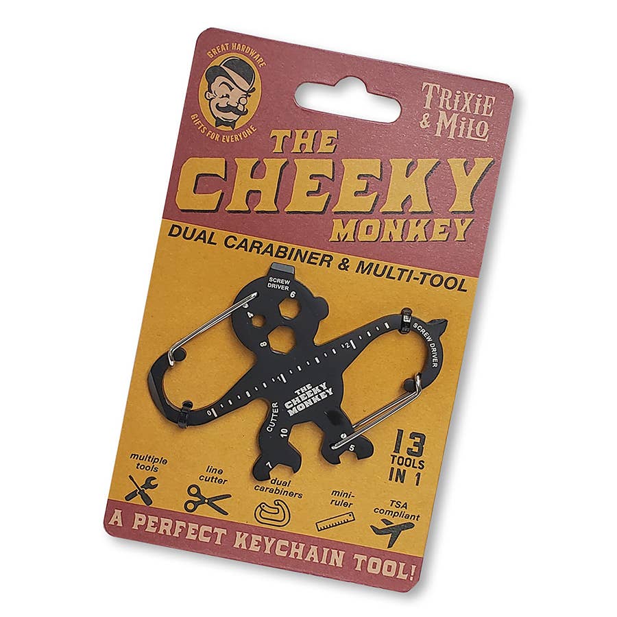 Cheeky Monkey dual carabiner & multi-tool on Trixie & Milo packaging