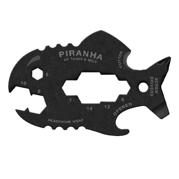 Black multi-tool with various functions on a white background