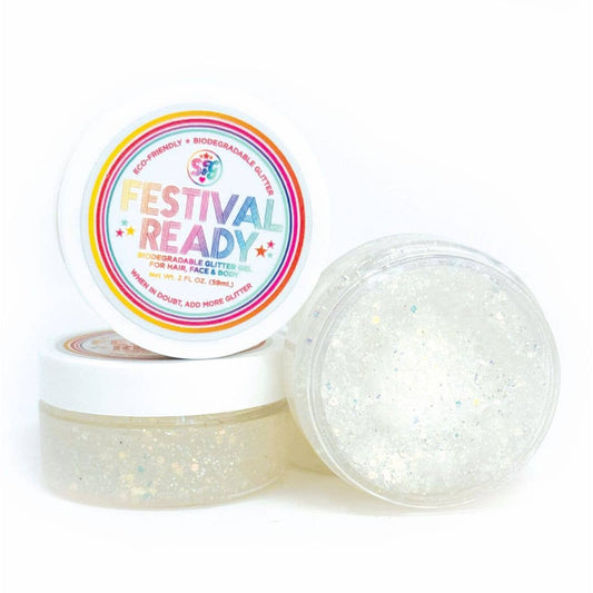 Glittery product with 'Festival Ready' label on a white background