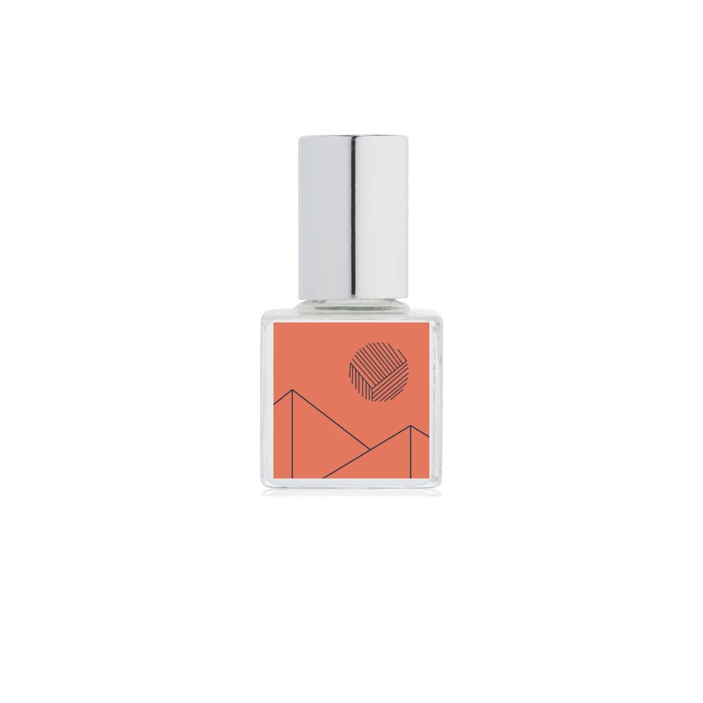 Perfume bottle with a silver cap and orange label on a white background